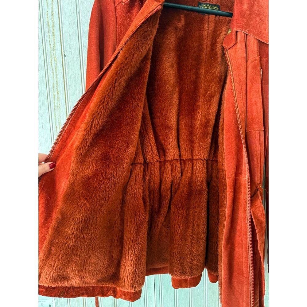 Vintage Red Suede Jacket - Belted Zip Front Western Boho Leather Coat - Small - Picture 5 of 6